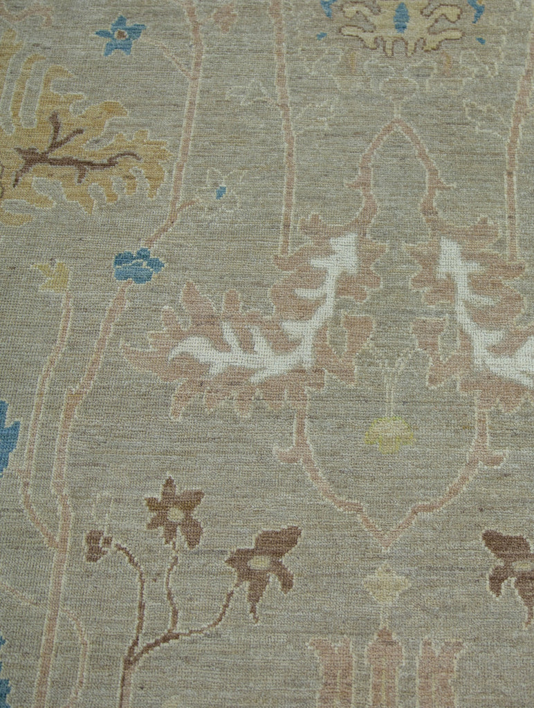 Luxury modern Turkish Oushak 9x12 wool rug in oriental design with beige/ivory and accent blue, ivory, blush, brown and citron colors.
