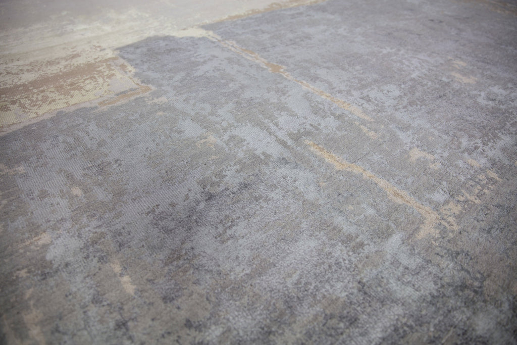 8x10 hand knotted modern contemporary glam rug made with wool and bamboo silk pile and cream, grey, brown, beige and slate colored rug.