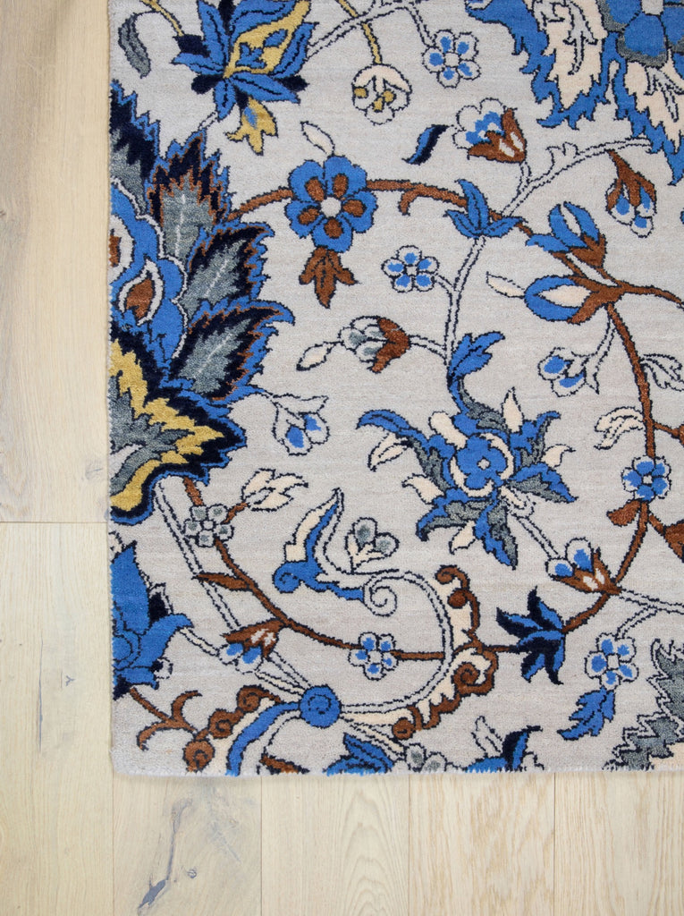 Hand Knotted in India wool and no fringe long lasting 121 knots per square inch fine roya rugs blue gold yellow dark blue brown ivory white purple colorful shedless rug all over pattern oushak ushak transitional traditional bold grey roya rugs. available in sizes runners 2'6" x 9', 2'6" x 12, 6' x 9', 8' x 10', 9' x 12', 10' x 14', 12' x 15', 12' x 18' and oversize rug