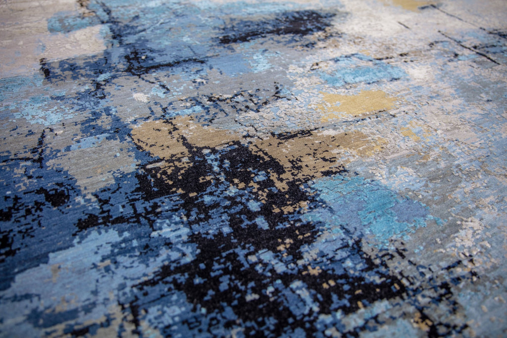 Biscayne collection wool and silk luxury handmade hand knotted rug carved texture beige gold dark blue ocean blue black light blue sky blue taupe grey colors abstract contemporary bold statement shimmer shiny oversize 8x10 9x12 10x14 12x15 12x18 5x7 4x6 carpet roya rugs