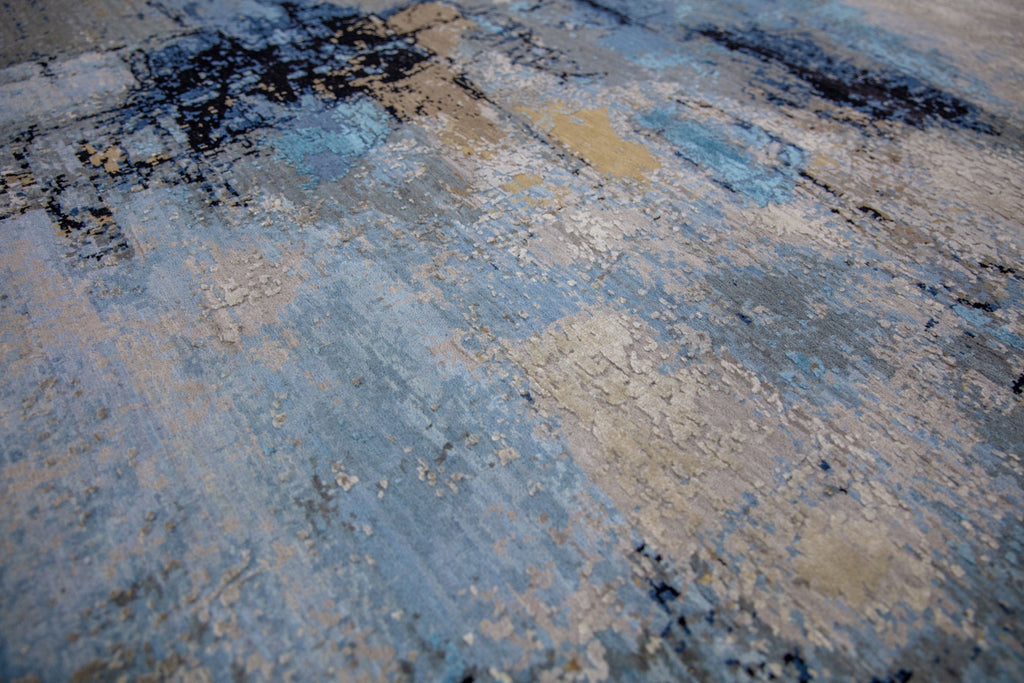 Biscayne collection wool and silk luxury handmade hand knotted rug carved texture beige gold dark blue ocean blue black light blue sky blue taupe grey colors abstract contemporary bold statement shimmer shiny oversize 8x10 9x12 10x14 12x15 12x18 5x7 4x6 carpet roya rugs