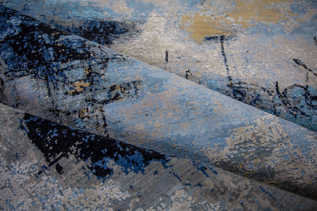 Biscayne collection wool and silk luxury handmade hand knotted rug carved texture beige gold dark blue ocean blue black light blue sky blue taupe grey colors abstract contemporary bold statement shimmer shiny oversize 8x10 9x12 10x14 12x15 12x18 5x7 4x6 carpet roya rugs