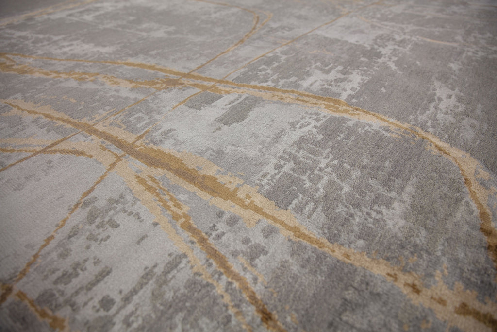 Lustrous shimmer neutral 8x10 hand knotted one of a kind rug with smokey taupe, grey and brown color and swirl design to appear like modern rug.