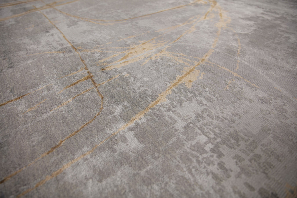 Lustrous shimmer neutral 8x10 hand knotted one of a kind rug with smokey taupe, grey and brown color and swirl design to appear like modern rug.
