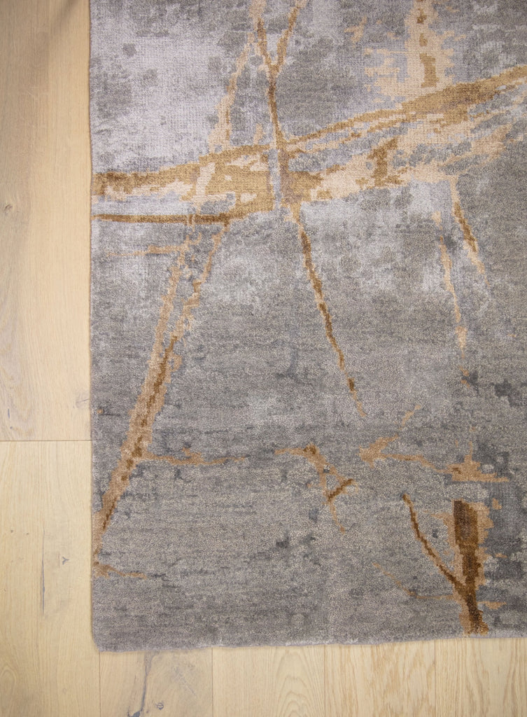 Lustrous shimmer neutral 8x10 hand knotted one of a kind rug with smokey taupe, grey and brown color and swirl design to appear like modern rug.
