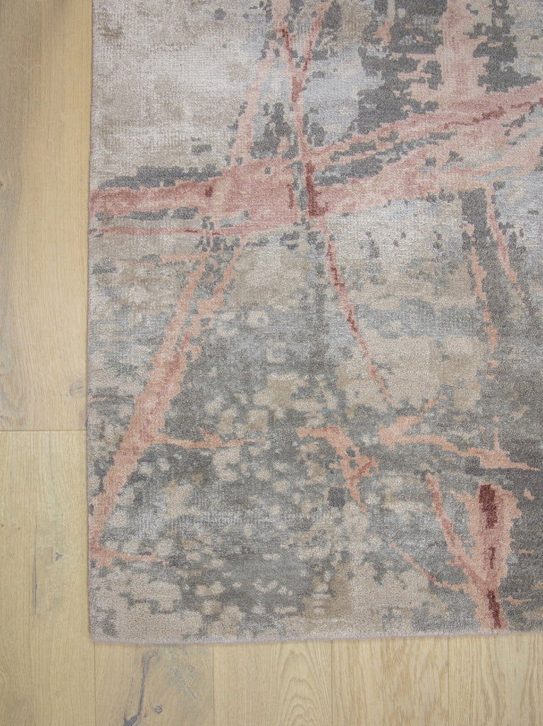 Contemporary abstract 8x10 hand knotted, soft wool and bamboo silk rug with beige, gray, taupe and pink color.