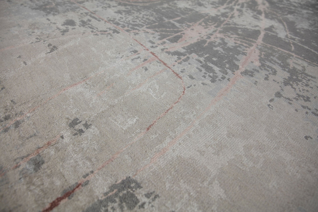 Contemporary abstract 8x10 hand knotted, soft wool and bamboo silk rug with beige, gray, taupe and pink color.