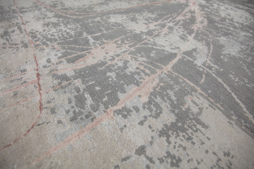 Contemporary abstract 8x10 hand knotted, soft wool and bamboo silk rug with beige, gray, taupe and pink color.