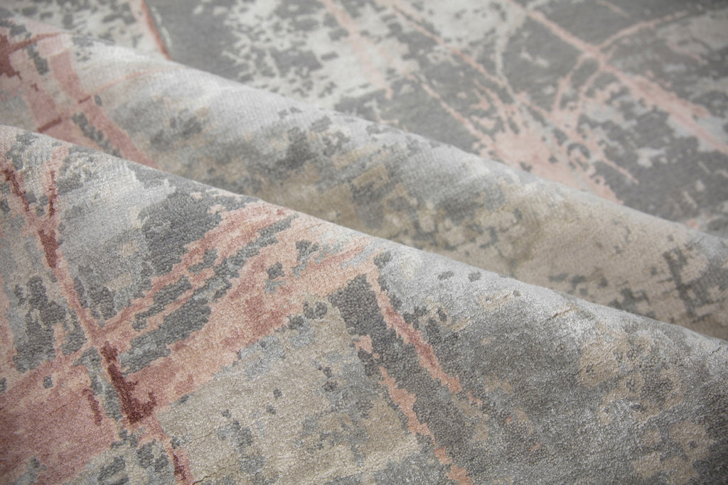 Contemporary abstract 8x10 hand knotted, soft wool and bamboo silk rug with beige, gray, taupe and pink color.