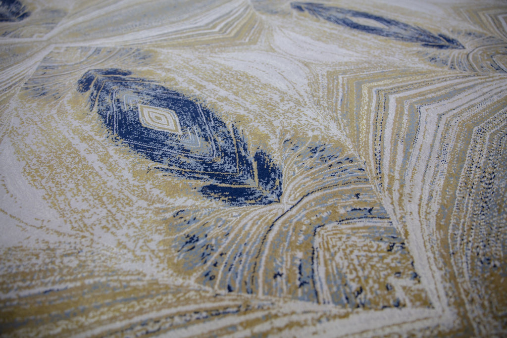 8x10 modern peacock kaleidoscope design hand knotted wool and silk rug with navy blue, light blue, pearl grey and dirty gold. 196 knots per square inch fine rug.