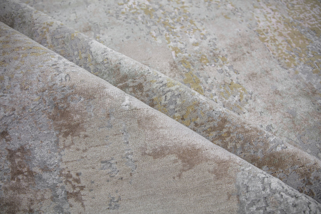 hand knotted neutral contemporary modern rug 8x10 with texture, wool and silk, and beige, brown, grey, blush and rose quartz colors.