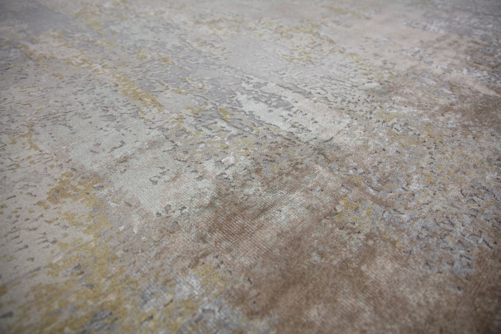hand knotted neutral contemporary modern rug 8x10 with texture, wool and silk, and beige, brown, grey, blush and rose quartz colors.