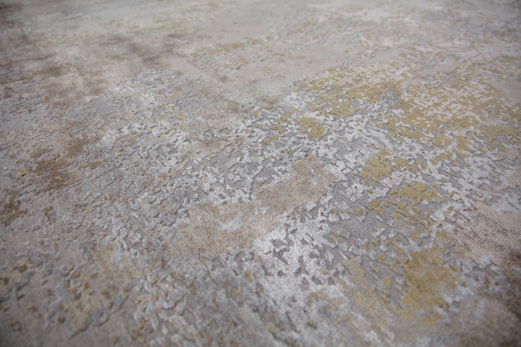 hand knotted neutral contemporary modern rug 8x10 with texture, wool and silk, and beige, brown, grey, blush and rose quartz colors.