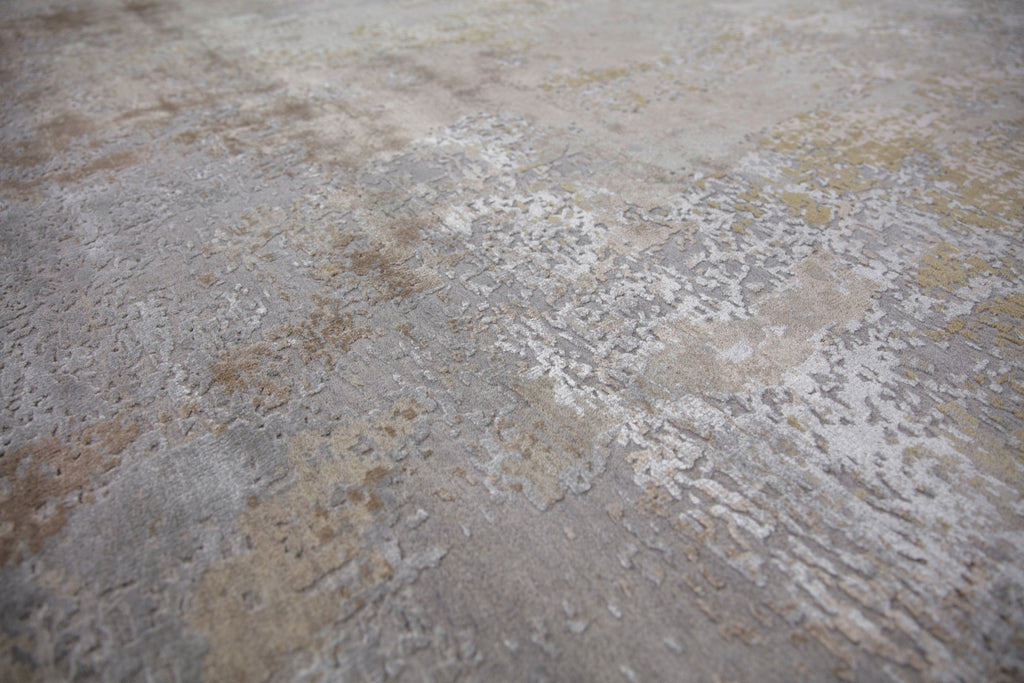 hand knotted neutral contemporary modern rug 8x10 with texture, wool and silk, and beige, brown, grey, blush and rose quartz colors.