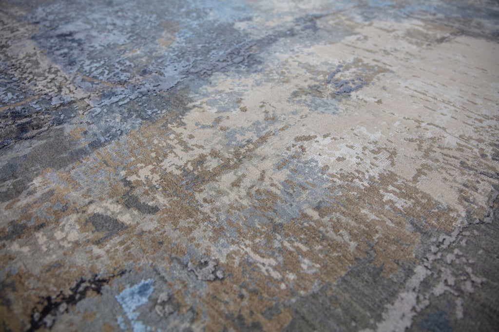 Beautiful modern abstract 8' x 10' hand-knotted blue and gray area rug with wool and bamboo silk. Accent beige, ivory and silver colors.