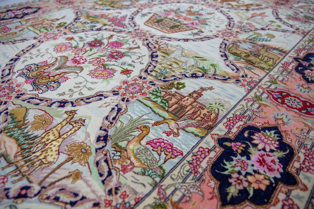Floral, pictorial and signed 5x7 wool and silk vintage Persian Tabriz area rug with birds, flowers and deers. Rug art for wall.