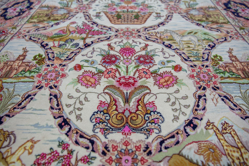 Floral, pictorial and signed 5x7 wool and silk vintage Persian Tabriz area rug with birds, flowers and deers. Rug art for wall.