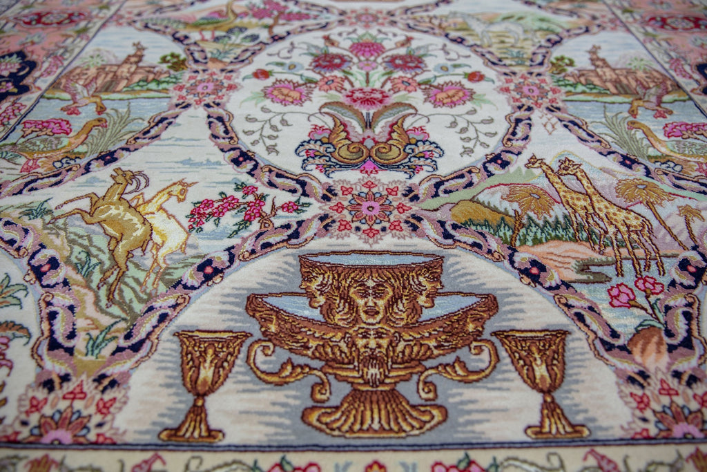Floral, pictorial and signed 5x7 wool and silk vintage Persian Tabriz area rug with birds, flowers and deers. Rug art for wall.