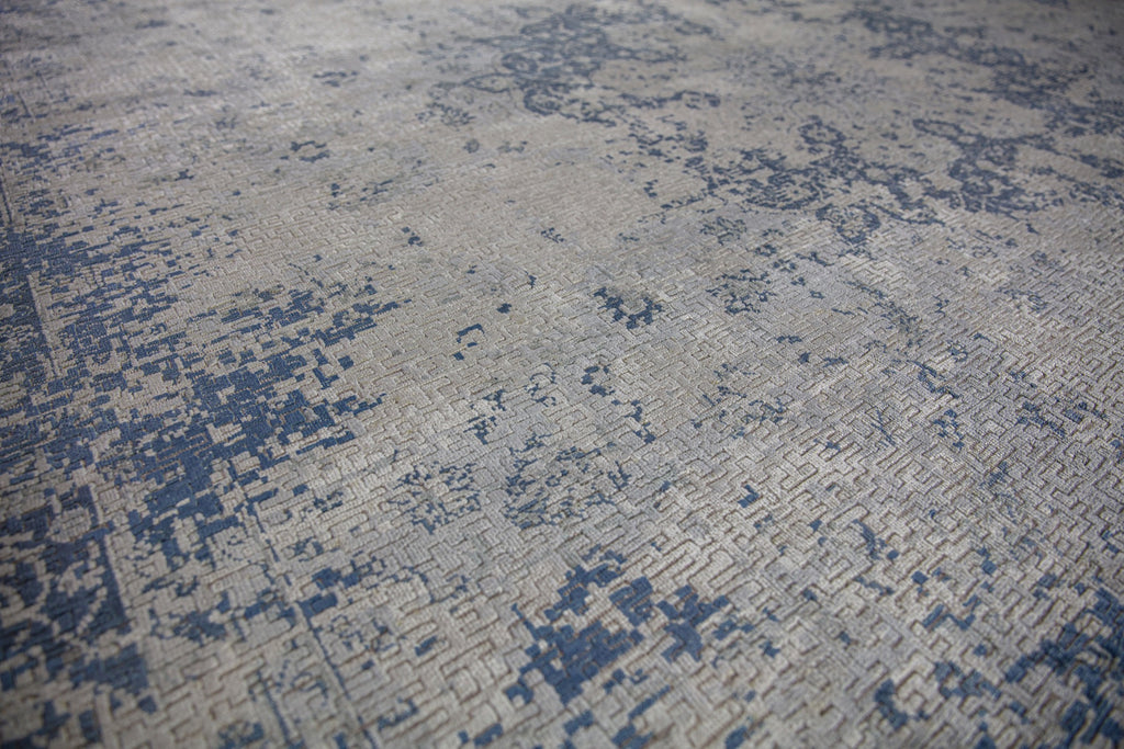 9x12 luxury distressed modern Persian navy blue/grey rug with geometric designer design.