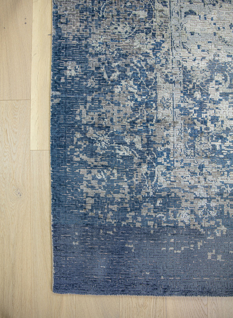 9x12 luxury distressed modern Persian navy blue/grey rug with geometric designer design.