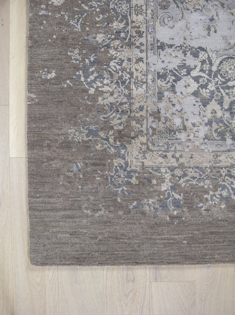 Sayeh SA-01 Ashwood brown grey charcoal beige wool and silk center medallion distressed erased updated transitional traditional handmade hand knotted persian oushak tone on tone subdued monochrome color neutral  india rug