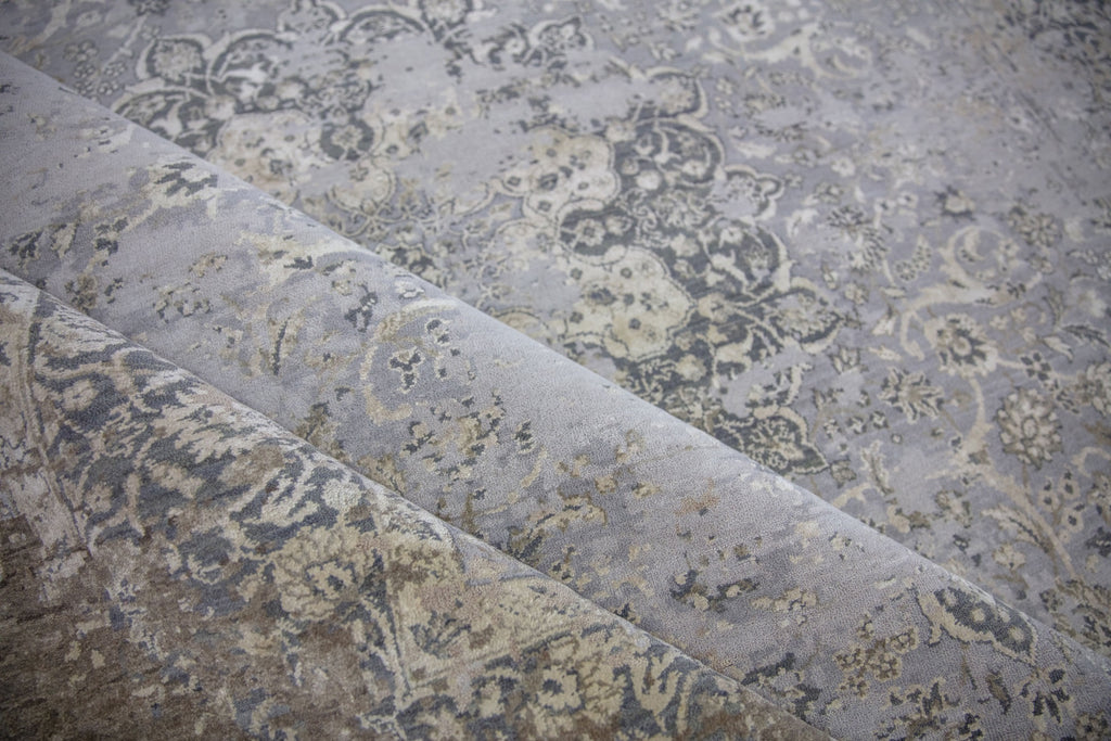 Sayeh SA-01 Ashwood brown grey charcoal beige wool and silk center medallion distressed erased updated transitional traditional handmade hand knotted persian oushak tone on tone subdued monochrome color neutral  india rug