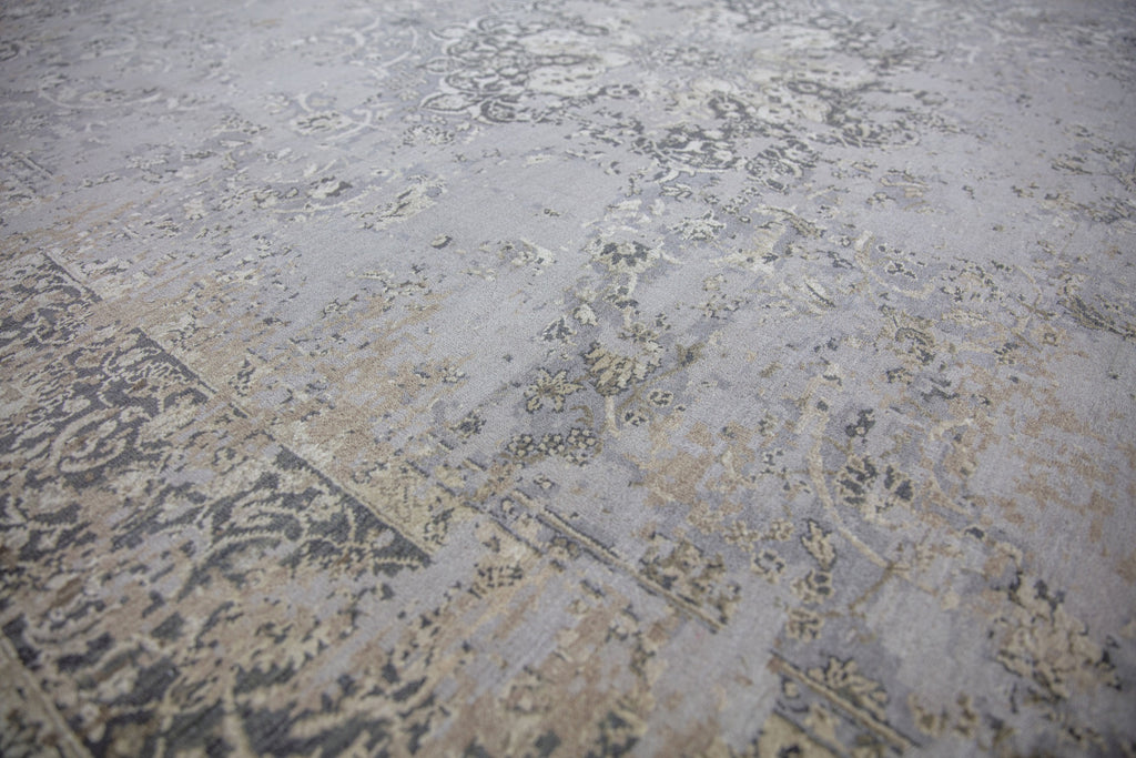 Sayeh SA-01 Ashwood brown grey charcoal beige wool and silk center medallion distressed erased updated transitional traditional handmade hand knotted persian oushak tone on tone subdued monochrome color neutral  india rug