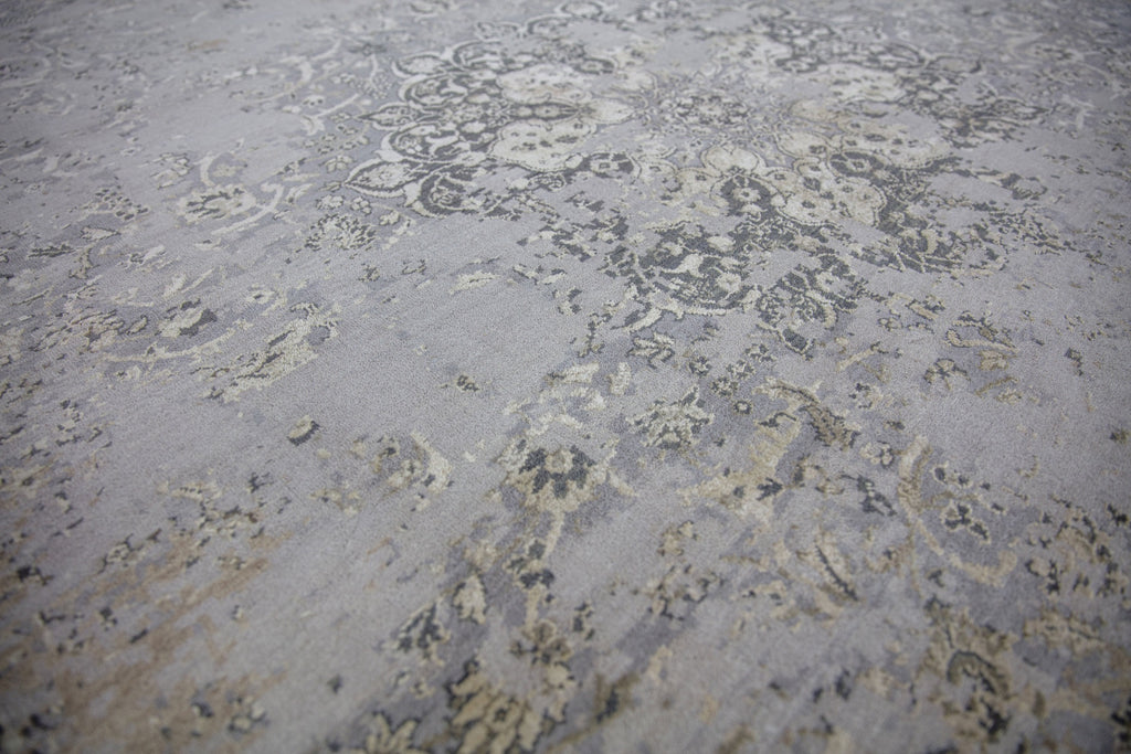 Sayeh SA-01 Ashwood brown grey charcoal beige wool and silk center medallion distressed erased updated transitional traditional handmade hand knotted persian oushak tone on tone subdued monochrome color neutral  india rug