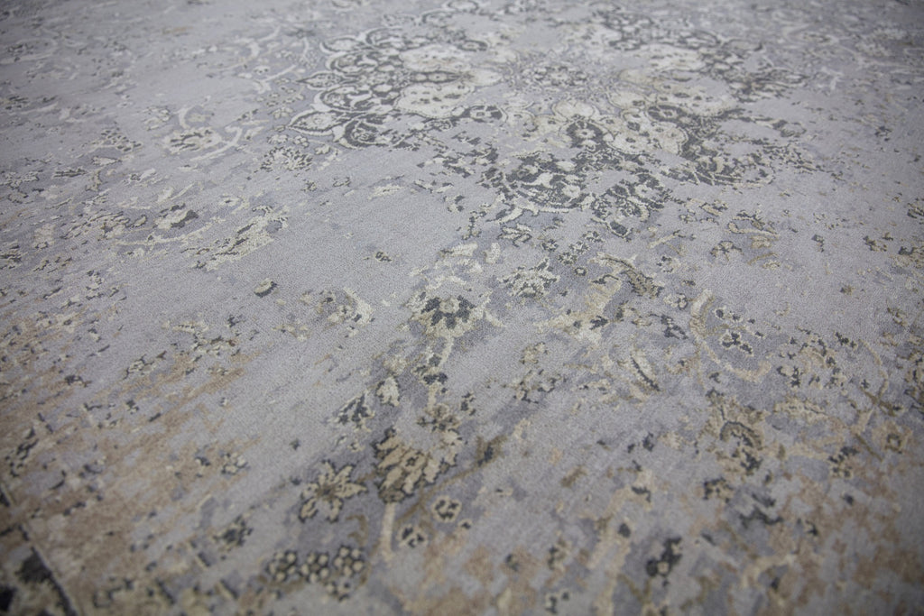Sayeh SA-01 Ashwood brown grey charcoal beige wool and silk center medallion distressed erased updated transitional traditional handmade hand knotted persian oushak tone on tone subdued monochrome color neutral  india rug