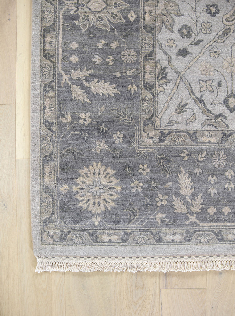 Laura LR-01 Ashwood hand knotted modern grey oushak wool area rug with a floral pattern and accent beige colors. Available in small 4x6 up to large 12x15 sizes.