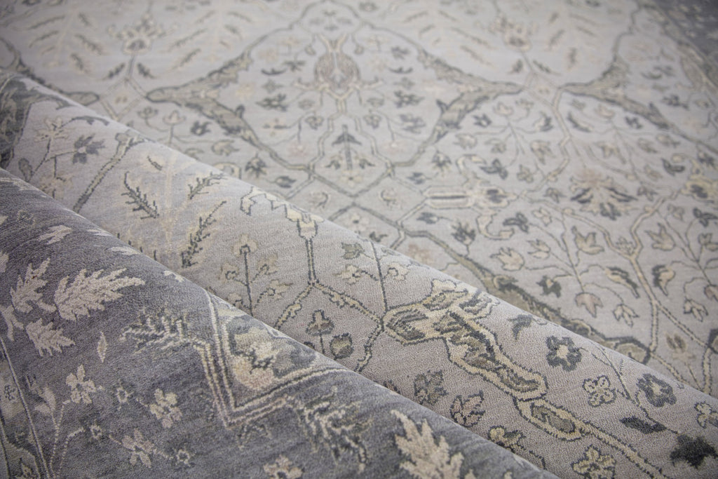 Laura LR-01 Ashwood hand knotted modern grey oushak wool area rug with a floral pattern and accent beige colors. Available in small 4x6 up to large 12x15 sizes.