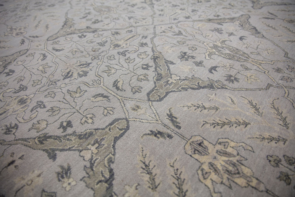 Laura LR-01 Ashwood hand knotted modern grey oushak wool area rug with a floral pattern and accent beige colors. Available in small 4x6 up to large 12x15 sizes.