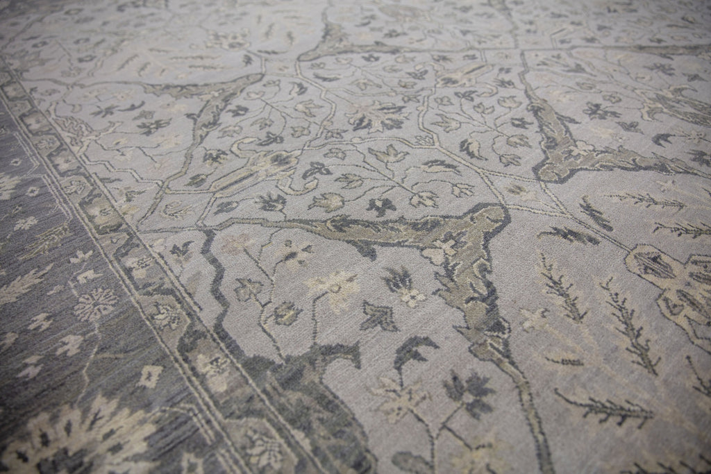 Laura LR-01 Ashwood hand knotted modern grey oushak wool area rug with a floral pattern and accent beige colors. Available in small 4x6 up to large 12x15 sizes.