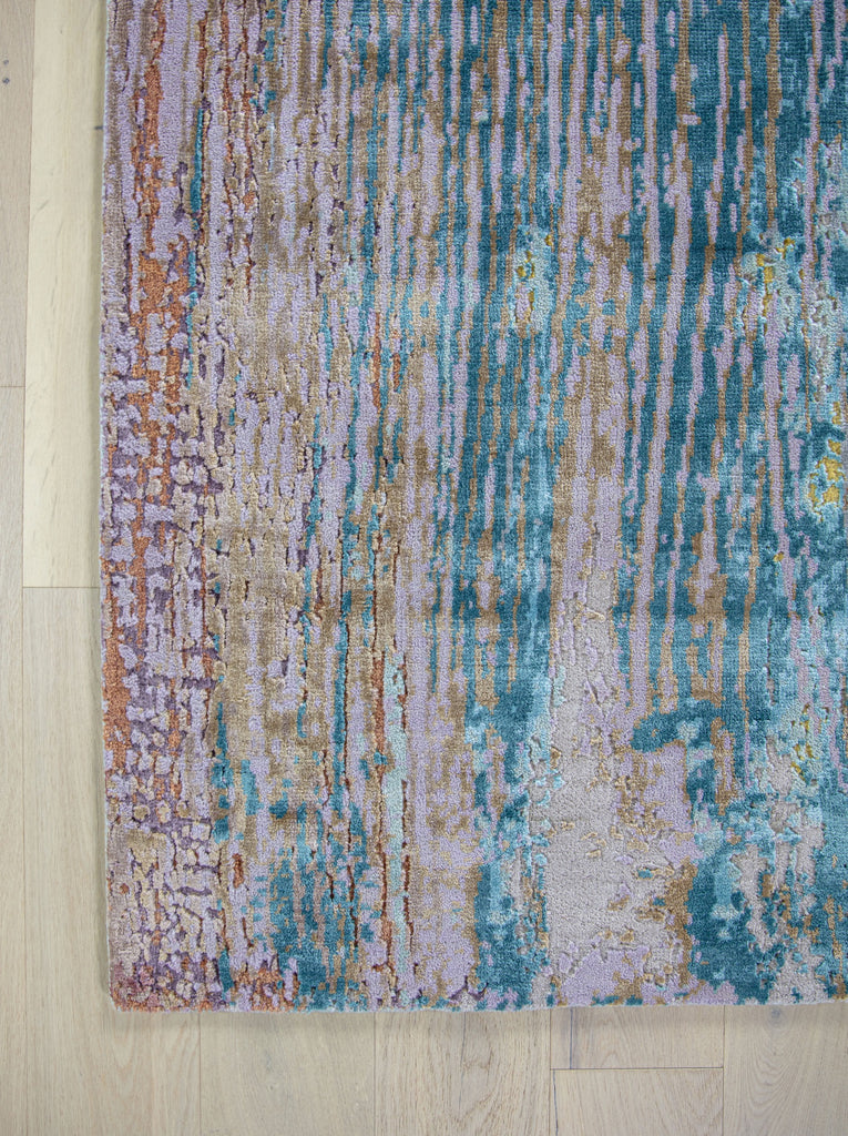 Colorful, textured, modern 8x10 wool and bamboo silk area rug in bright yellow and aqua blue.
