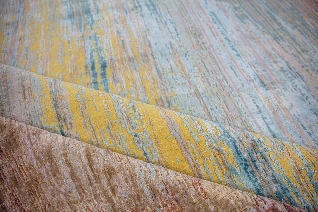 Colorful, textured, modern 8x10 wool and bamboo silk area rug in bright yellow and aqua blue.