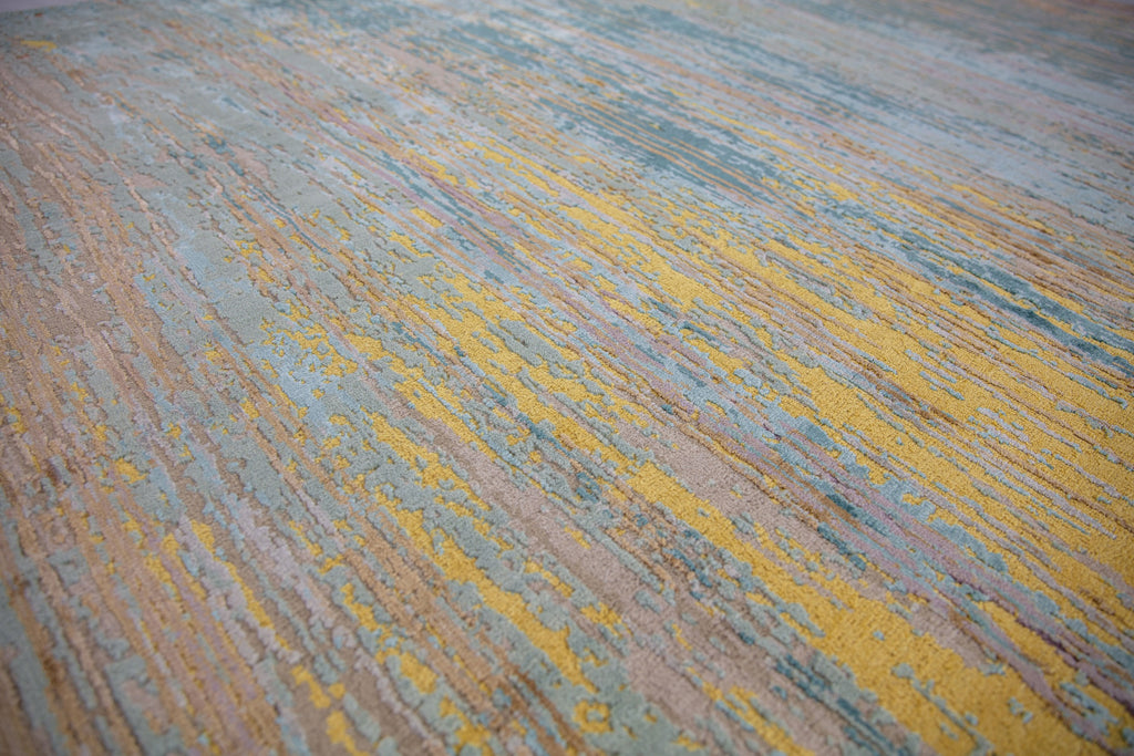 Colorful, textured, modern 8x10 wool and bamboo silk area rug in bright yellow and aqua blue.