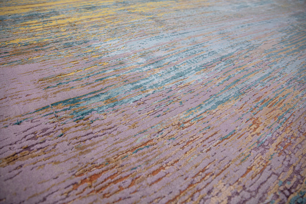 Colorful, textured, modern 8x10 wool and bamboo silk area rug in bright yellow and aqua blue.