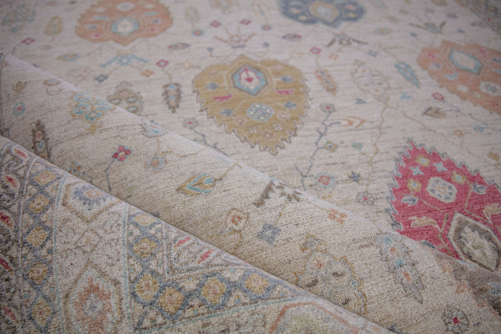 Avery AR-01 Ivory Hand Knotted Handmade Wool rug made in Pakistan with multiple colorful rug with green, yellow, gold, red, coral red, brown, seafoam, teal, aqua turquoise color area rug. Casual traditional roya rug. Sustainable organic fibers available in runners 4x6 5x7 6x9 8x10 9x12 10x14 12x15 12x18 and oversize and custom size rug