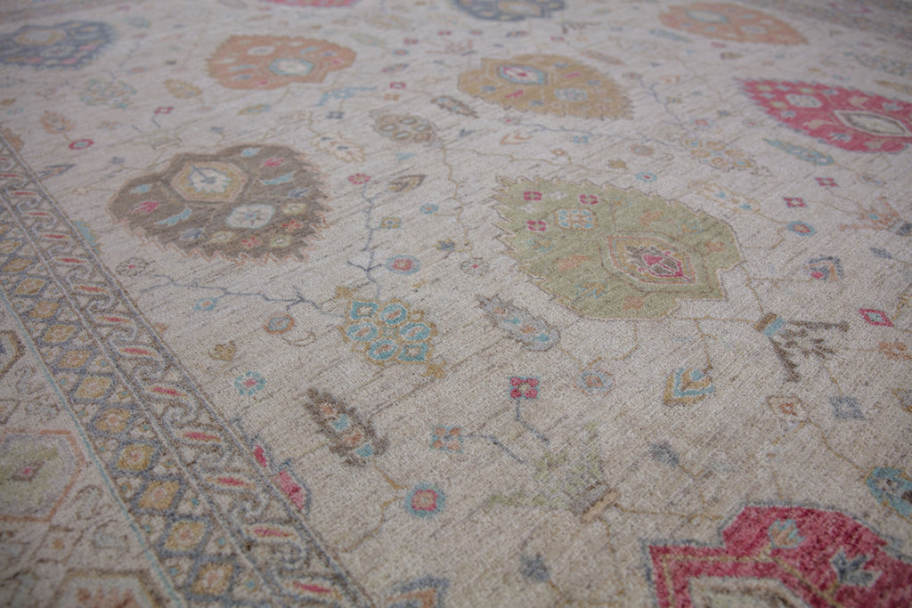 Avery AR-01 Ivory Hand Knotted Handmade Wool rug made in Pakistan with multiple colorful rug with green, yellow, gold, red, coral red, brown, seafoam, teal, aqua turquoise color area rug. Casual traditional roya rug. Sustainable organic fibers available in runners 4x6 5x7 6x9 8x10 9x12 10x14 12x15 12x18 and oversize and custom size rug