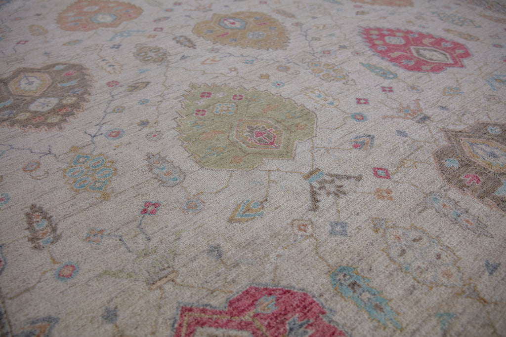 Avery AR-01 Ivory Hand Knotted Handmade Wool rug made in Pakistan with multiple colorful rug with green, yellow, gold, red, coral red, brown, seafoam, teal, aqua turquoise color area rug. Casual traditional roya rug. Sustainable organic fibers available in runners 4x6 5x7 6x9 8x10 9x12 10x14 12x15 12x18 and oversize and custom size rug