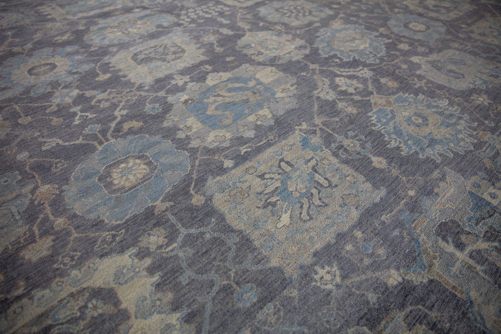 oversized, large 12x15 area rug handmade of wool cobalt blue, brown and beige oushak wool area rug.