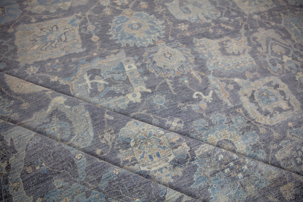 oversized, large 12x15 area rug handmade of wool cobalt blue, brown and beige oushak wool area rug.