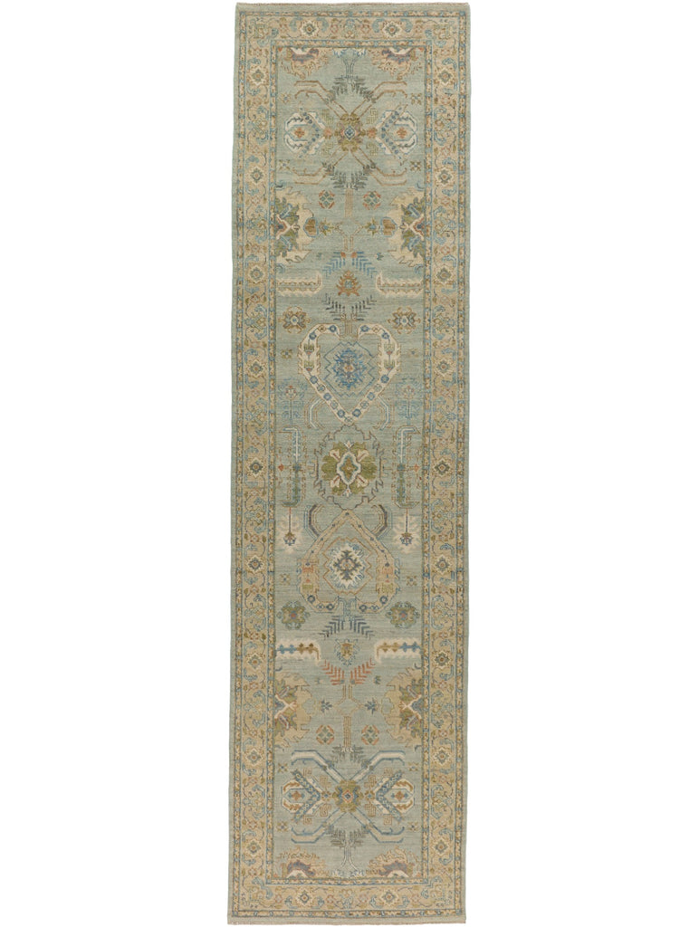3x12 hand knotted oriental pearl blue, beige, sage, melon and coral new modern oushak runner wool rug with textura by Roya Rugs Hickory North Carolina