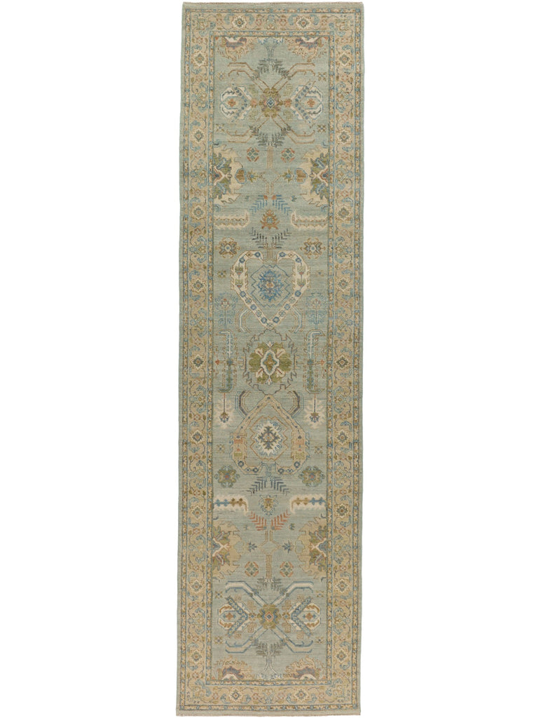 3x12 hand knotted oriental pearl blue, beige, sage, melon and coral new modern oushak runner wool rug with textura by Roya Rugs Hickory North Carolina