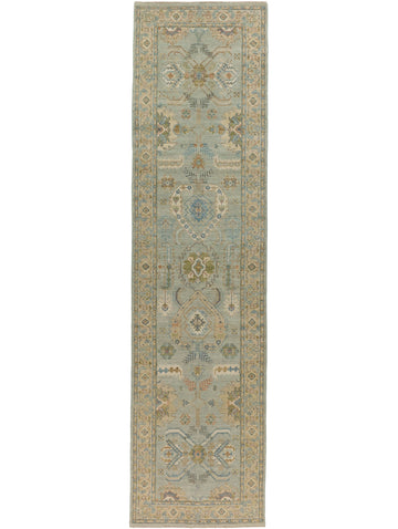 3x12 hand knotted oriental pearl blue, beige, sage, melon and coral new modern oushak runner wool rug with textura by Roya Rugs Hickory North Carolina