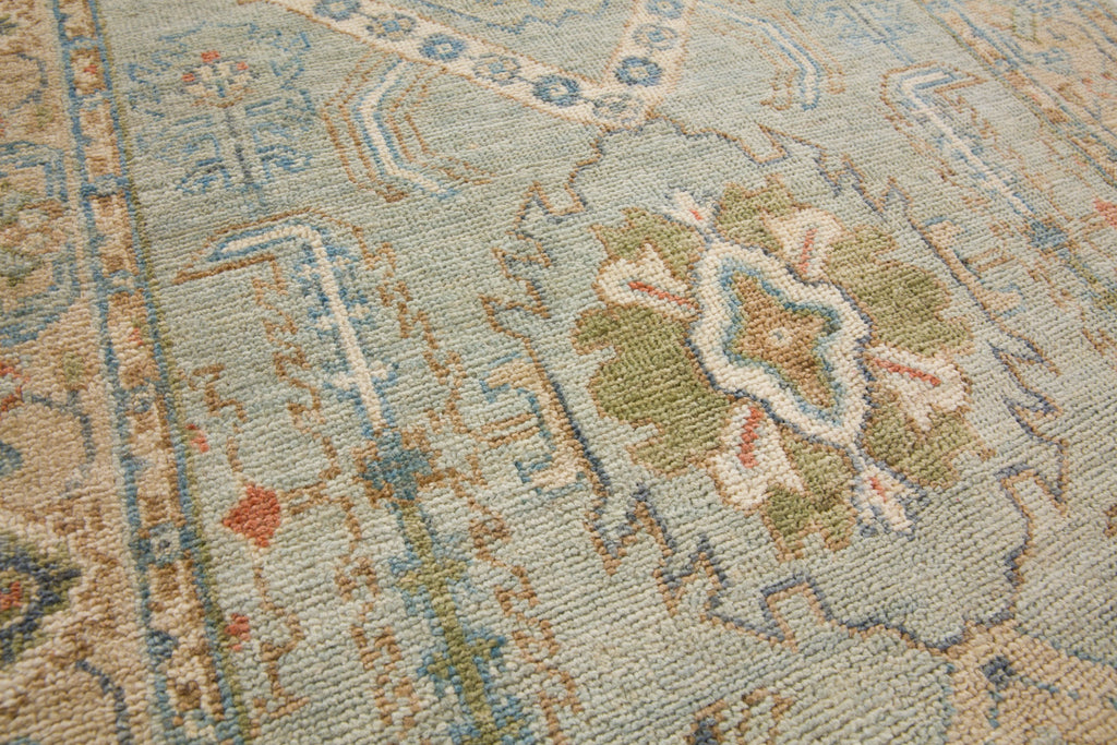 3x12 hand knotted oriental pearl blue, beige, sage, melon and coral new modern oushak runner wool rug with textura by Roya Rugs Hickory North Carolina