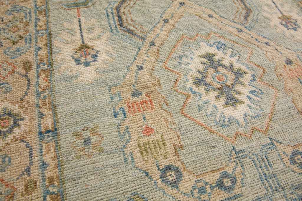 3x12 hand knotted oriental pearl blue, beige, sage, melon and coral new modern oushak runner wool rug with textura by Roya Rugs Hickory North Carolina