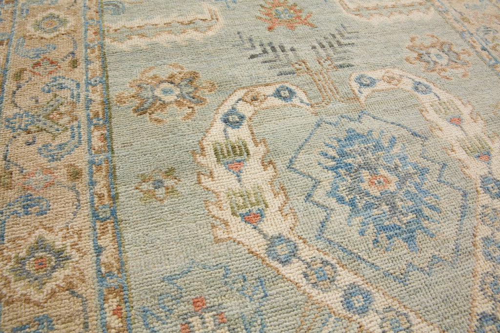 3x12 hand knotted oriental pearl blue, beige, sage, melon and coral new modern oushak runner wool rug with textura by Roya Rugs Hickory North Carolina