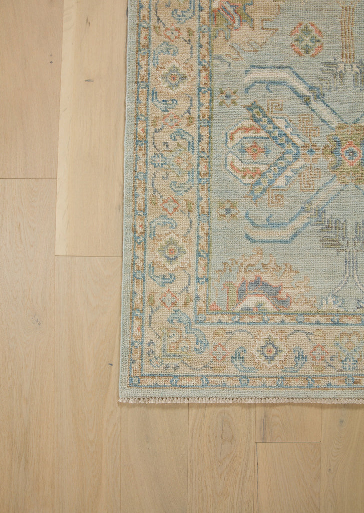 3x12 hand knotted oriental pearl blue, beige, sage, melon and coral new modern oushak runner wool rug with textura by Roya Rugs Hickory North Carolina