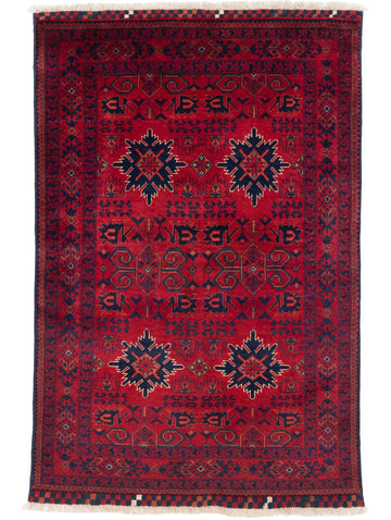3x5 luxury tribal rug with garnet red, dark navy blue, ivory and clay colors with geometric pattern and fine hand knotted wool Belgian wool by Roya Rugs North Carolina